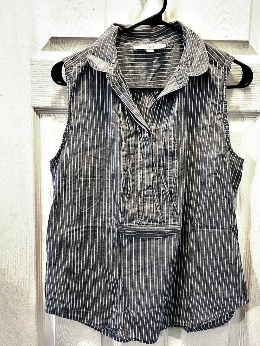 LOFT Blouse Women's M Blue White Striped Collared Button Front 100% Cotton